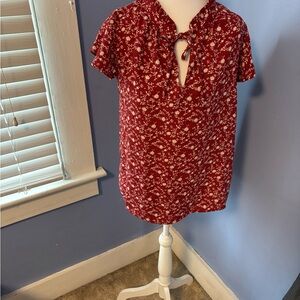 Bobeau Red Floral Keyhole Blouse
